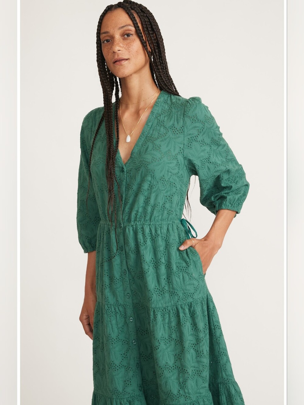 Marine Layer Willow Eyelet Midi Dress Smoke Pine Green Boho Cottagecore S - Picture 5 of 10